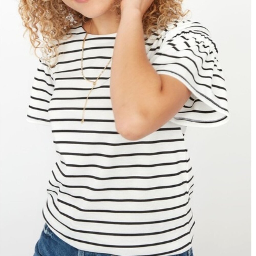 Stella & Dot Maya Black and White Striped Ruffle Sleeve Top